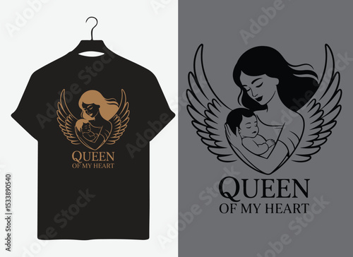 Queen of My Heart romantic t-shirt design with women silhouette and wings — love-themed vector for couples, Valentine's Day, and affection gifts.
