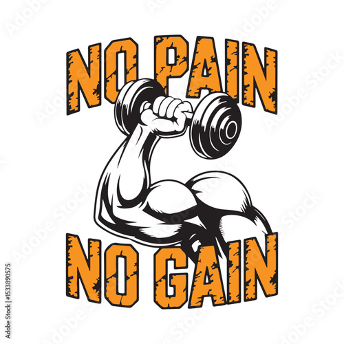 Muscular man flexing arms with No Pain No Gain text — gym fitness motivational vector design for t-shirts, posters, and training branding.