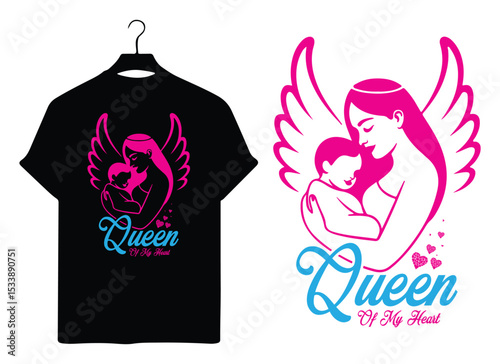 Queen of My Heart text with woman angel wings — romantic vector t-shirt design for love, Valentine's Day, and emotional gift artwork.
