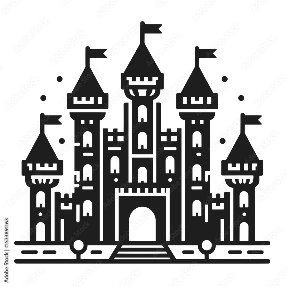 Fototapeta premium Castle illustration with towers and flags in a minimalist style 
