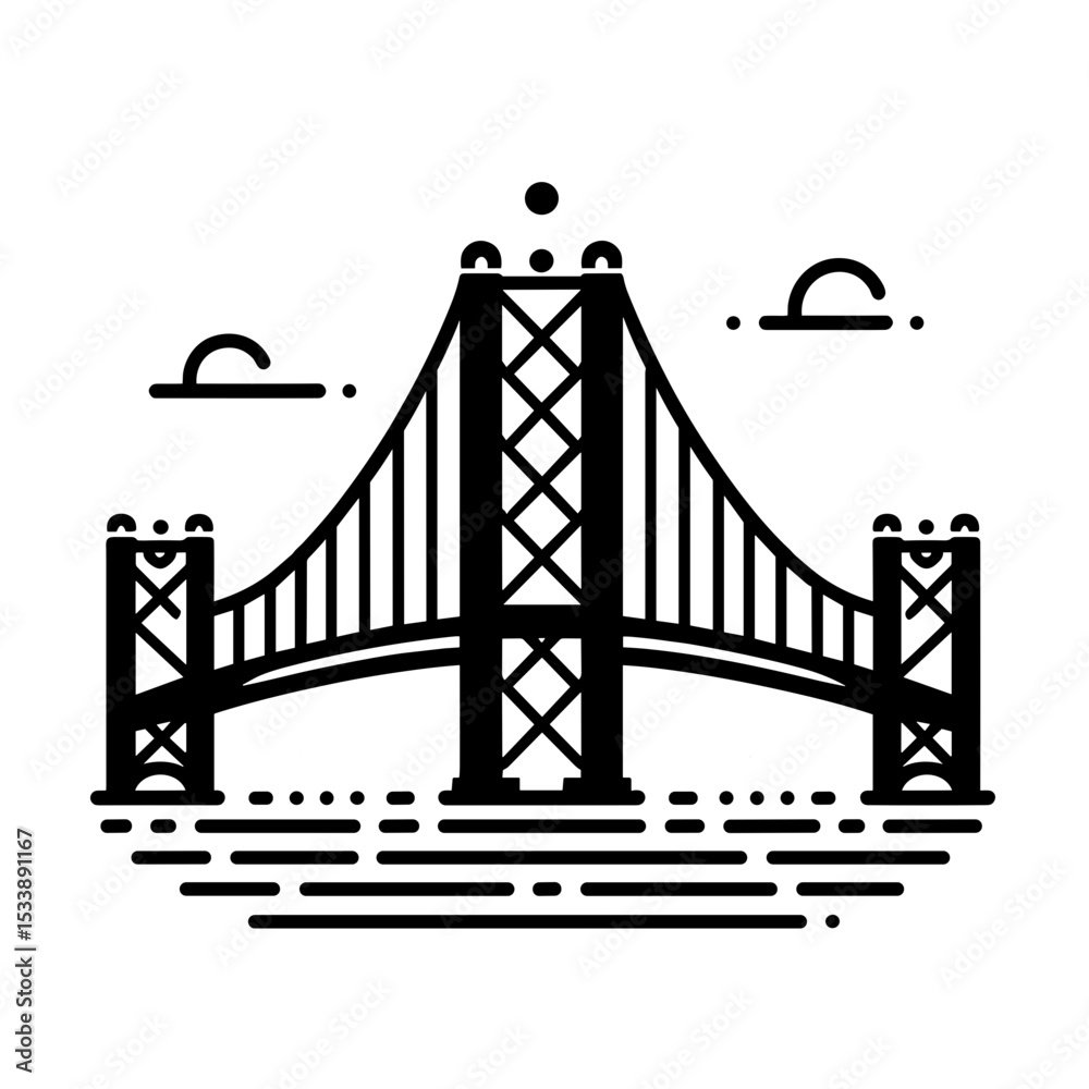 Fototapeta premium Modern bridge illustration in minimal style over water with clouds 