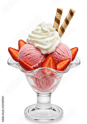 Delicious Strawberry Ice Cream Sundae with Whipped Cream & Wafers - Isolated Dessert