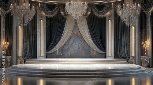 Elegant stage with marble, drapes, and chandeliers in a grand hall.