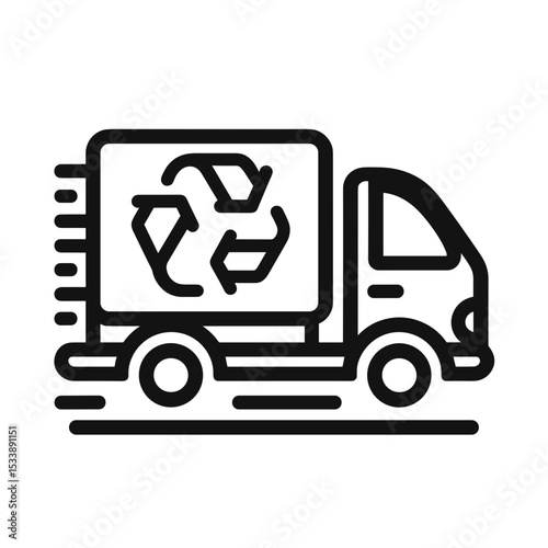 Delivery truck with recycling symbol in minimalist black outline style  