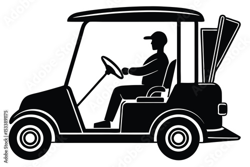 Silhouette Illustration Man Driving Golf Cart with Golf Clubs on the Course