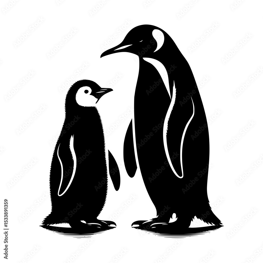 Naklejka premium Adult and baby penguin silhouettes