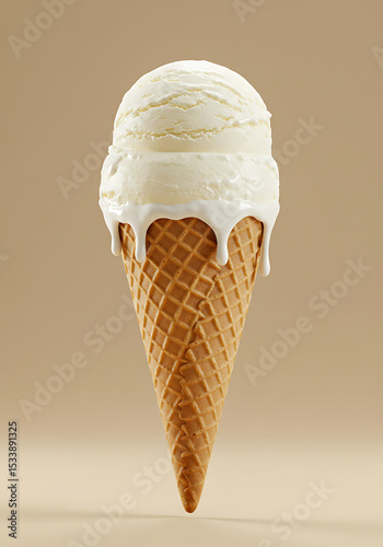 Melting Vanilla Ice Cream Waffle Cone - Delicious Dessert Isolated on Beige