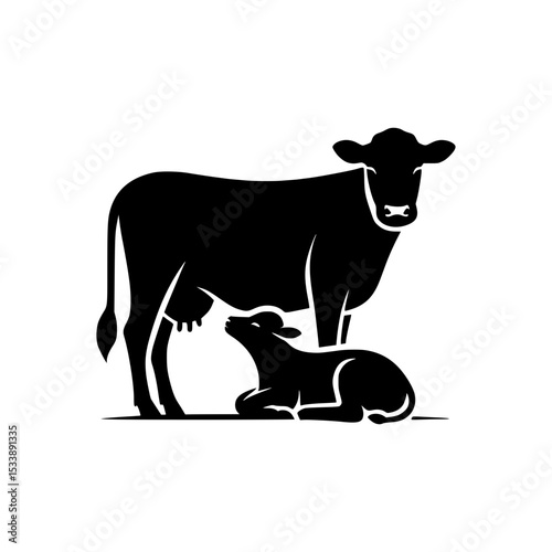 Cow and calf nursing silhouette illustration