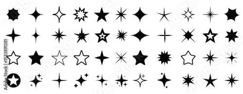 Star icons vector set. Different black sparkles. Twinkling stars, shining burst. Christmas vector symbols isolated on white background