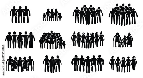 Stick people crowd. Group of people with black stick silhouettes, human mob with queue and diversity concept.  Vector illustration 