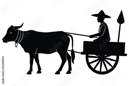Silhouette of a Farmer Riding a Cart Pulled by an Ox, Asian Rural