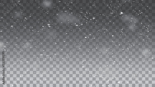 Heavy snowfall with frosty particles. Winter ambiance. Vector overlay for holiday designs.