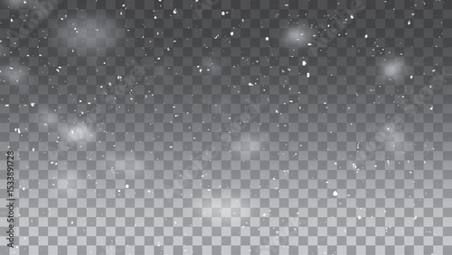 Snow and wind. Vector heavy snowfall, snowflakes in various shapes and forms. Many white cold flakes elements on a transparent background. White snowflakes are flying in the air. snow background.