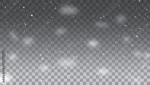 Snow and wind. Vector heavy snowfall, snowflakes in various shapes and forms. Many white cold flakes elements on a transparent background. White snowflakes are flying in the air. snow background.