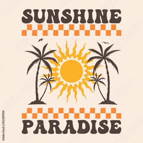 Summer Sunshine Paradise, text with a waves illustration, for t-shirt prints, posters. Surfing Beach Vector illustration.	