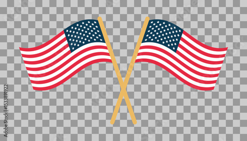Flat style crossed USA flags with transparent background for patriotic and national designs.