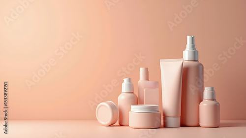 Beauty products on pastel peach background modern minimal look