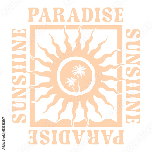 Sunshine Paradise, text with a waves illustration, for t-shirt prints, posters. Surfing Beach Vector illustration.	