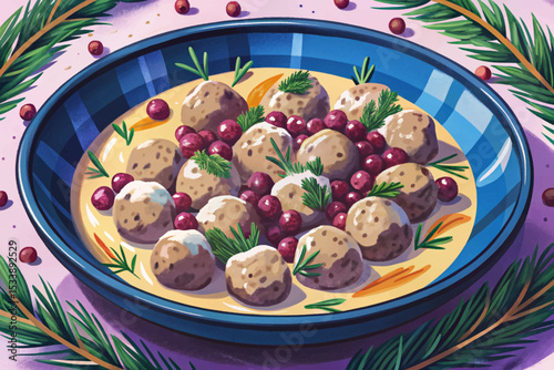 Swedish meatballs served with creamy sauce, mashed potatoes, and lingonberries traditional Scandinavian cuisine concept for food design and Nordic culture themes