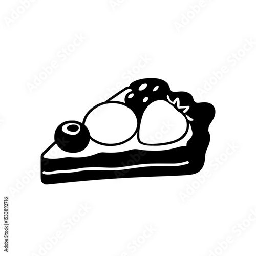 Minimalist black silhouette of a colorful fruit tart slice on white background