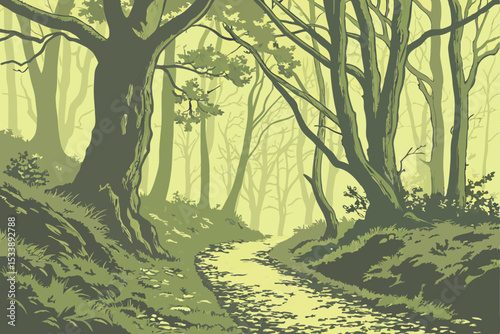 Sun-dappled green leaves and old tree trunks in a vibrant spring forest