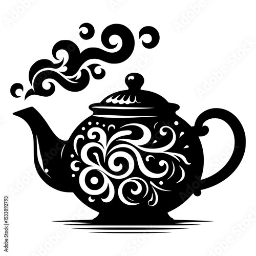 Ornate black teapot with steam design element