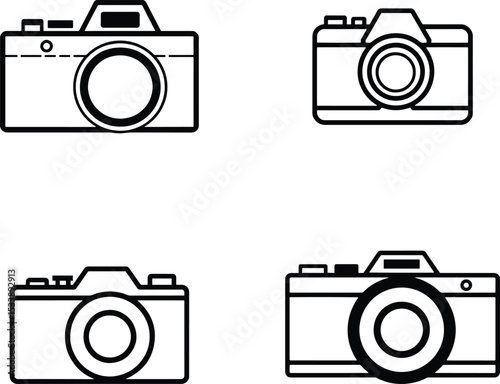 Simple Line Art Illustration of Four Digital Cameras, Four stylized, black outline illustrations of digital cameras.