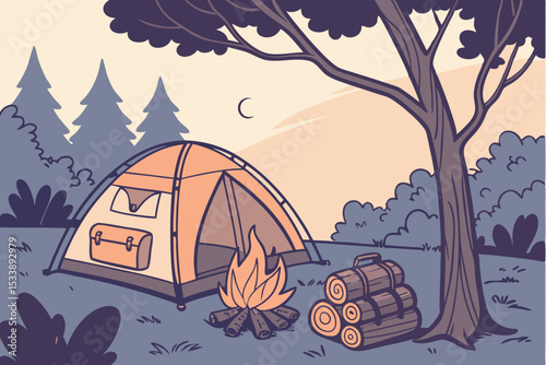 Cartoon vector illustration of spooky Halloween night camping in the forest with pumpkins and a witch cat under the autumn moon