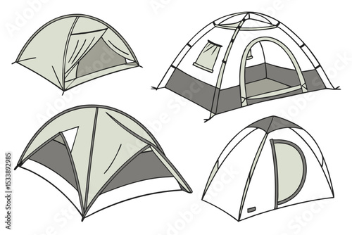 A set of isolated camping icons perfect for summer adventures, featuring tents, camp equipment, and nature landscapes