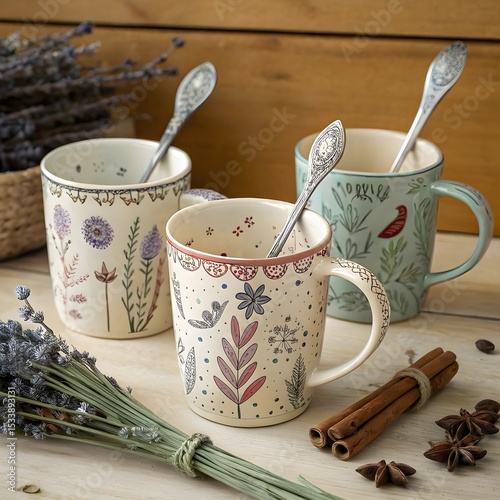 Mismatched Mugs & Magic Spoons, quirky mug collection, magical tea spoon photography, whimsical warm drink setup, vintage kitchen charm, elegance, surreal, smooth, visual, cool, majestic, display