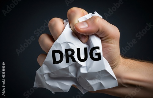 A hand crushing a paper with the word 'DRUG' printed on it, symbolizing a strong message for the International Day Against Drug Abuse and Illicit Trafficking awareness campaign.