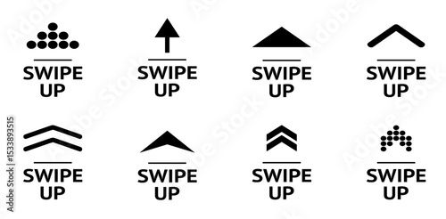Swipe up icon set. Swipe up, arrow symbol, button. Upload icon button, send, export icon. Arrow up for social media stories, design blogger, scroll pictogram. Vector illustration.