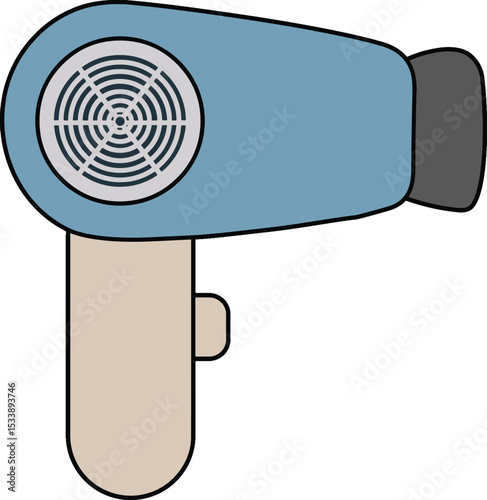 Minimalist flat vector illustration of a hair dryer. This simple and clean design features a handheld electric hair dryer in soft tones of blue, beige, and gray, with clear detailing on the air vent.