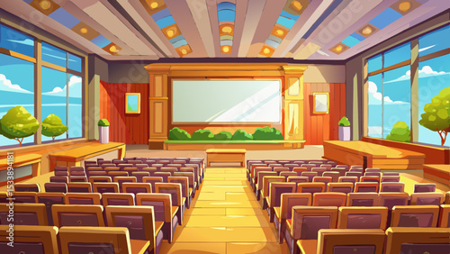 Empty lecture hall with wooden seats and a large screen at the front. The room is lit by natural light coming from the large windows.