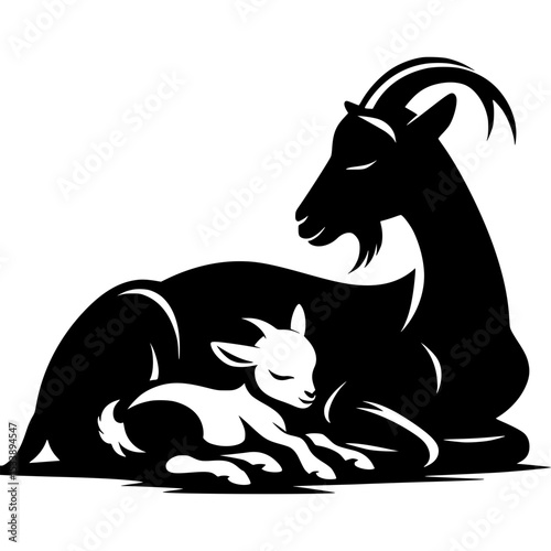 Mother goat and kid silhouetted resting