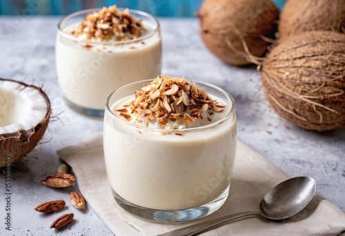 Close-up of a coconut pudding topped with toasted coconut in a cozy premium setting with copy space