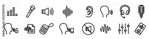 Speech recognition device signs black thin line icon set include headphones microphone sound speaker.