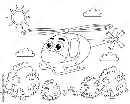 Black and White Line Art Cartoon Helicopter Flying Over Simple Trees and Clouds Sunny Day Kids Coloring Page 1