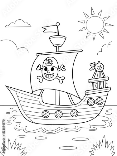 Black and White Line Art Cartoon Pirate Ship Sailing on Calm Sea Under Sunny Sky Kids Coloring Page image