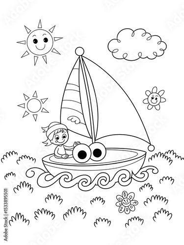 Black and White Line Art Coloring Page Child Sailing Cartoon Boat Sunny Day Flowers kids coloring page