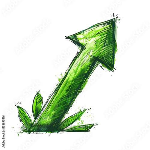Hand-drawn Green Upward Arrow Isolated on Transparent or White Background, PNG