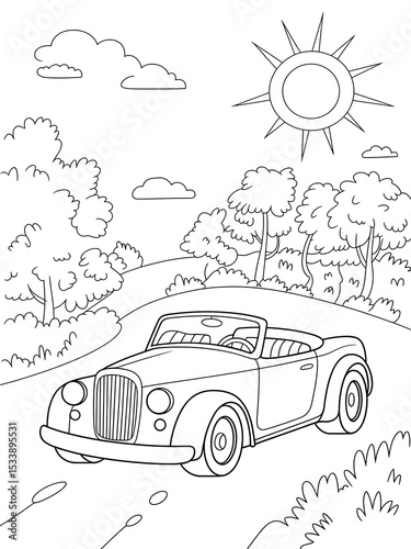 Black and White Line Art Coloring Page Classic Convertible Car Driving on Country Road Sunny Day Landscape Trees Clouds Kids Activity