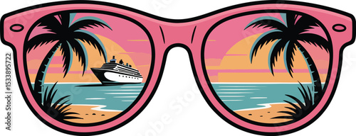 Pink sunglasses reflecting a tropical sunset scene with cruise ship.