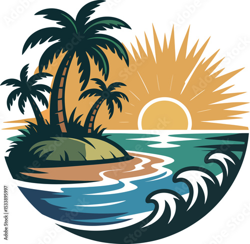 Tropical island sunset scene with palm trees and ocean waves