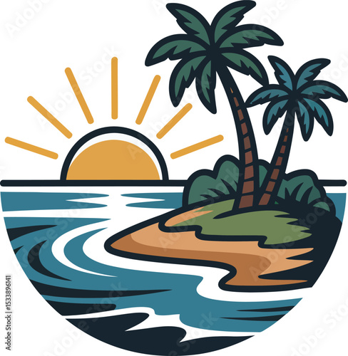 Tropical island sunset scene with palm trees and ocean