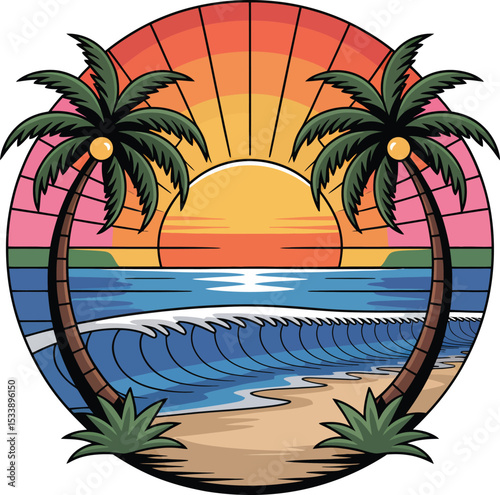 Vibrant sunset beach scene with palm trees and ocean wave