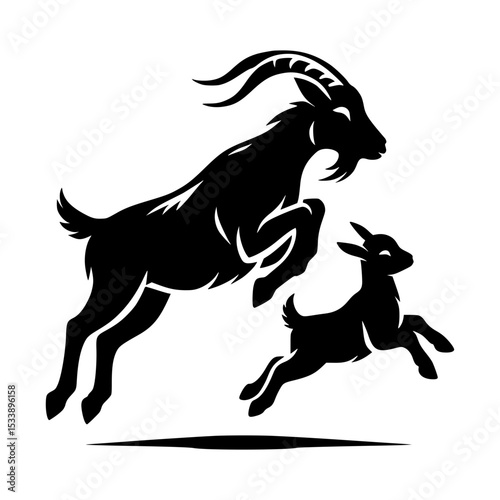 Leaping goat and kid silhouette illustration