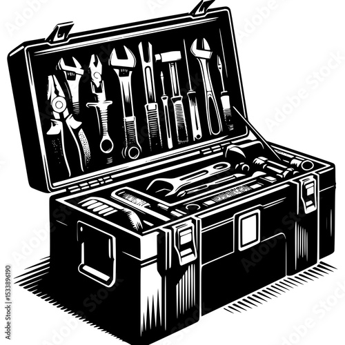 Open tool box with various hand tools