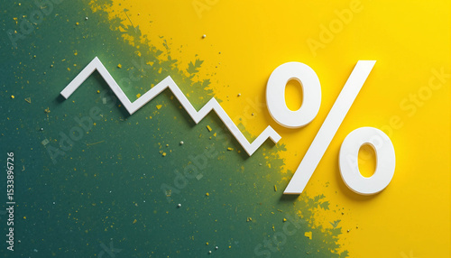 falling white chart arrow with percent icon on yellow background. Falling interest rates and mortgage concept