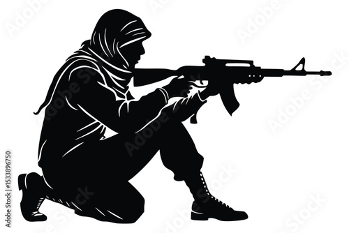 Silhouette of Armed Person with Rifle, Wearing Head Scarf in Stance